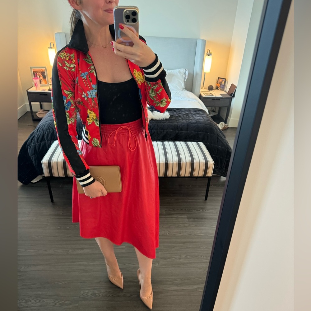 Alice + Olivia Red Floral Bomber Jacket with Black Trim